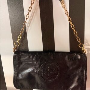 Tory Burch Black Leather Clutch with Gold Chain Strap